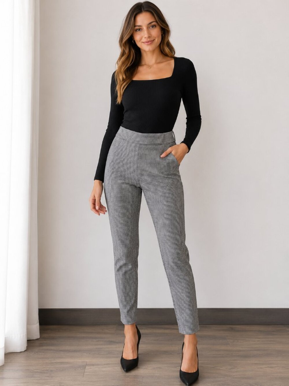 A New Day Houndstooth Pull On Pants Women Size 8 Stretch Slim Fit